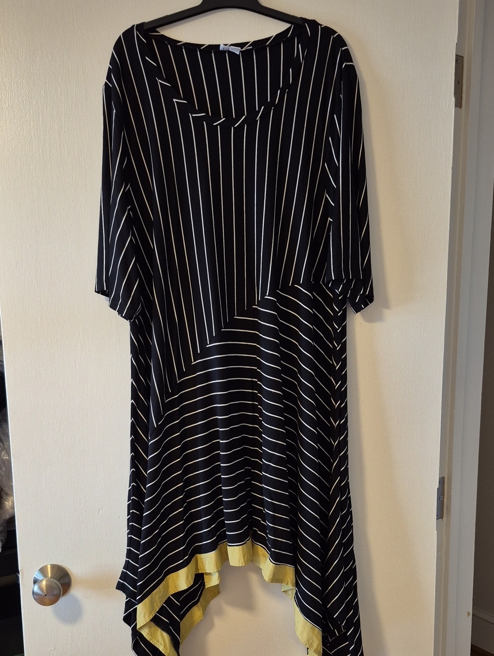 Luukaa Black & White Stripe Dress • Asymmetrical Hem • Yellow Trim
